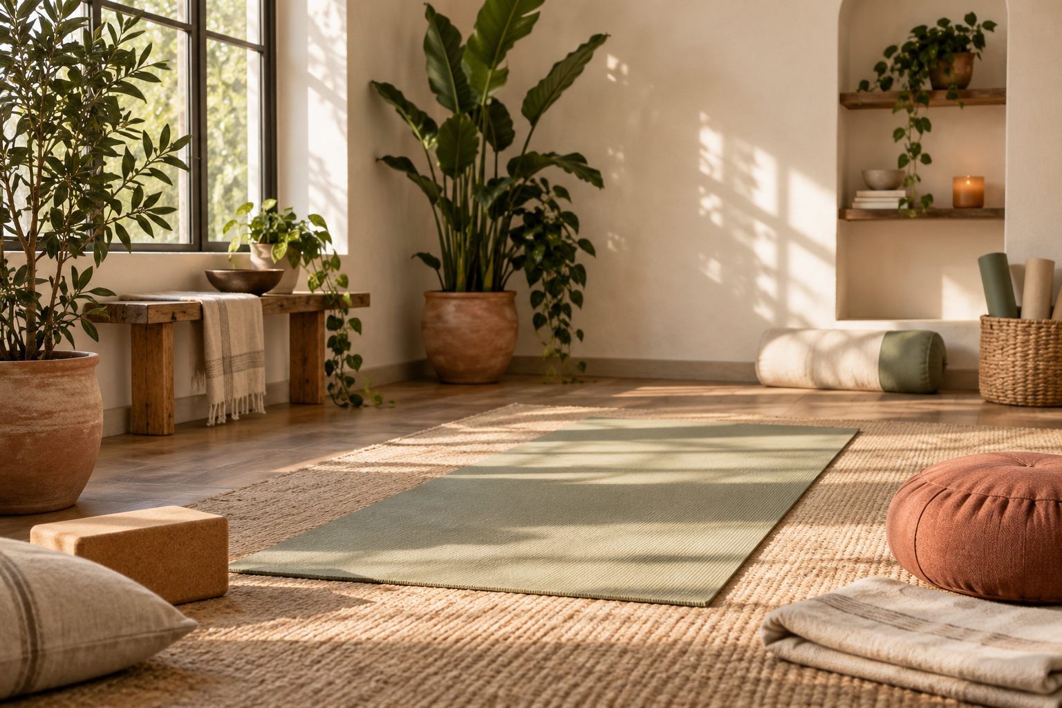 A sunlit yoga studio with a mat, cushions, and plants